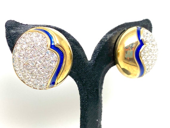 High End Crystal and Enamel Clip Earrings Signed … - image 7