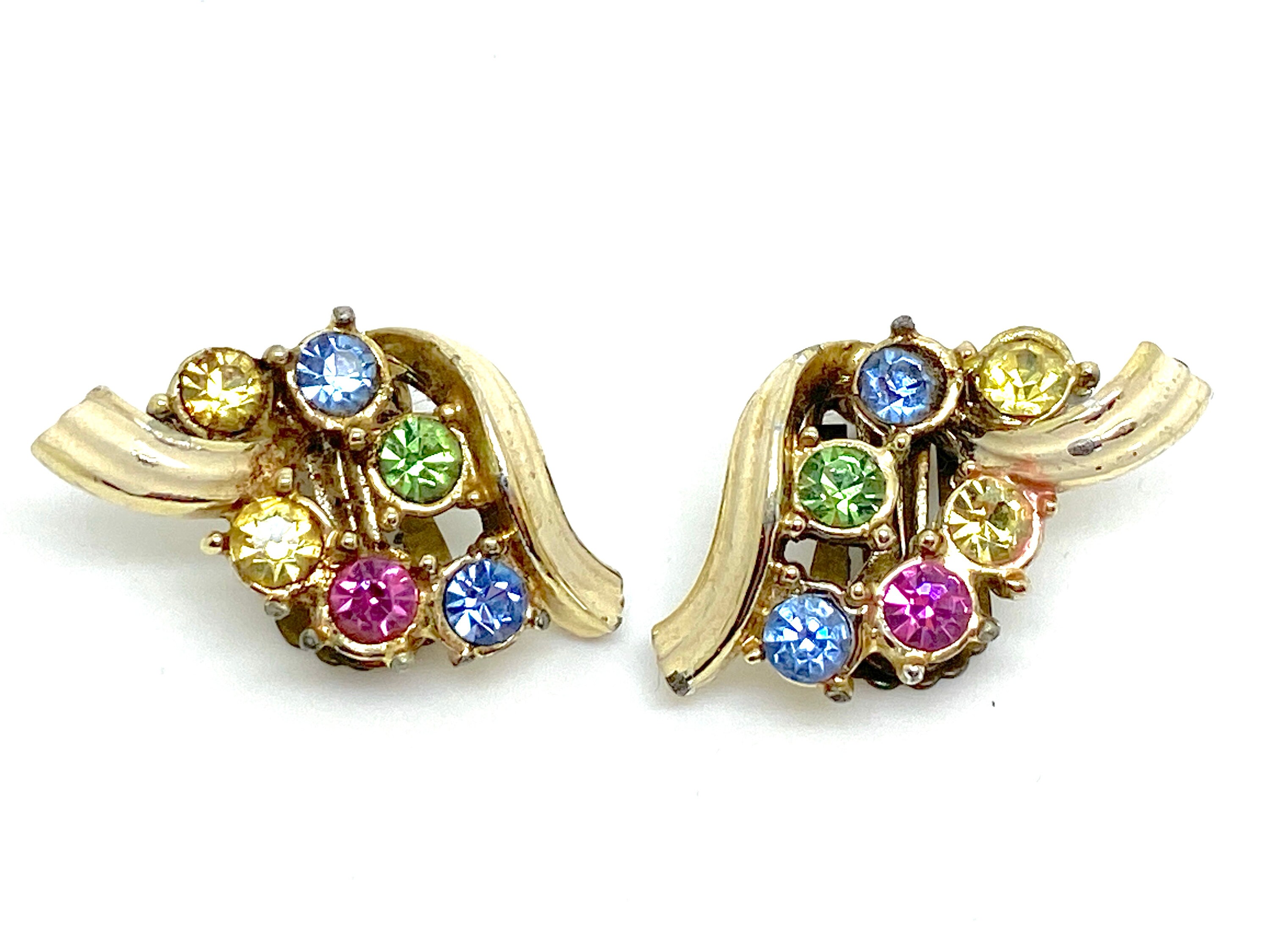 Boucles D'oreilles à Clips Vintage Années 50 - Strass Multicolore - Modèle N°34 - État Impeccable