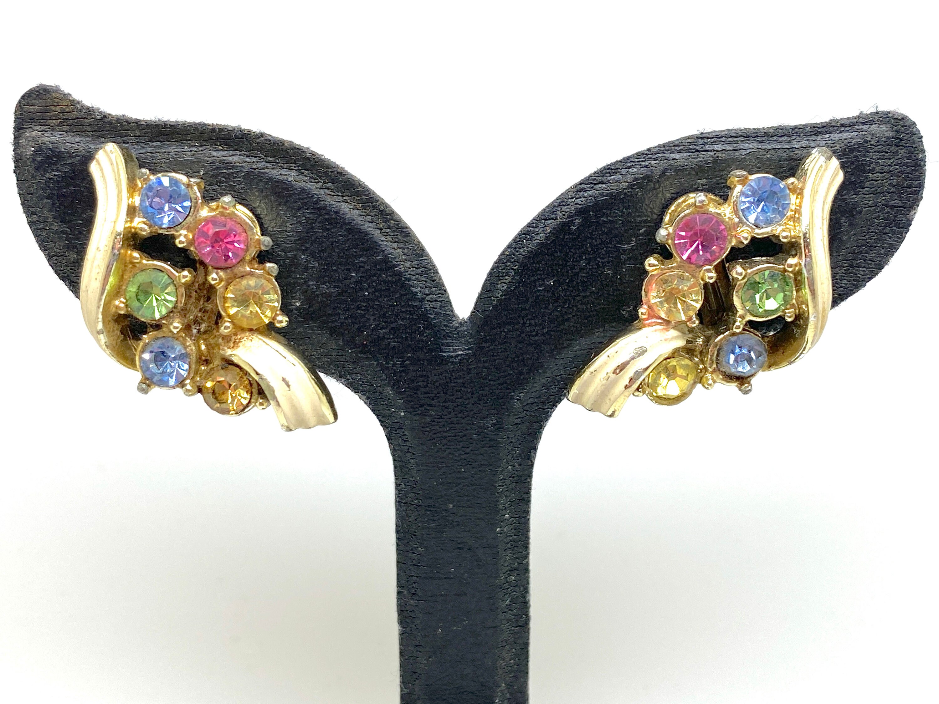 Boucles D'oreilles Clips Vintage Années 50 - Strass Multicolore - Modèle N°34 - Très Bon état