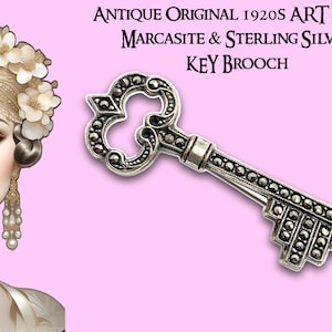 Antique Original 1920s ART DECO Marcasite & Sterling Silver KEY Brooch
