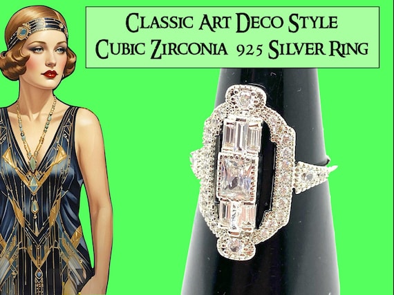 Classic ART DECO White CZ 925 Silver Ring Uk Size O
