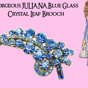 Juliana Blue Rhinestone Leaf Brooch: D & E Vintage Design