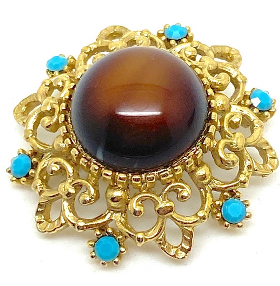 1980s SPHINX Brown and Blue Crystal Dome Brooch - image 3