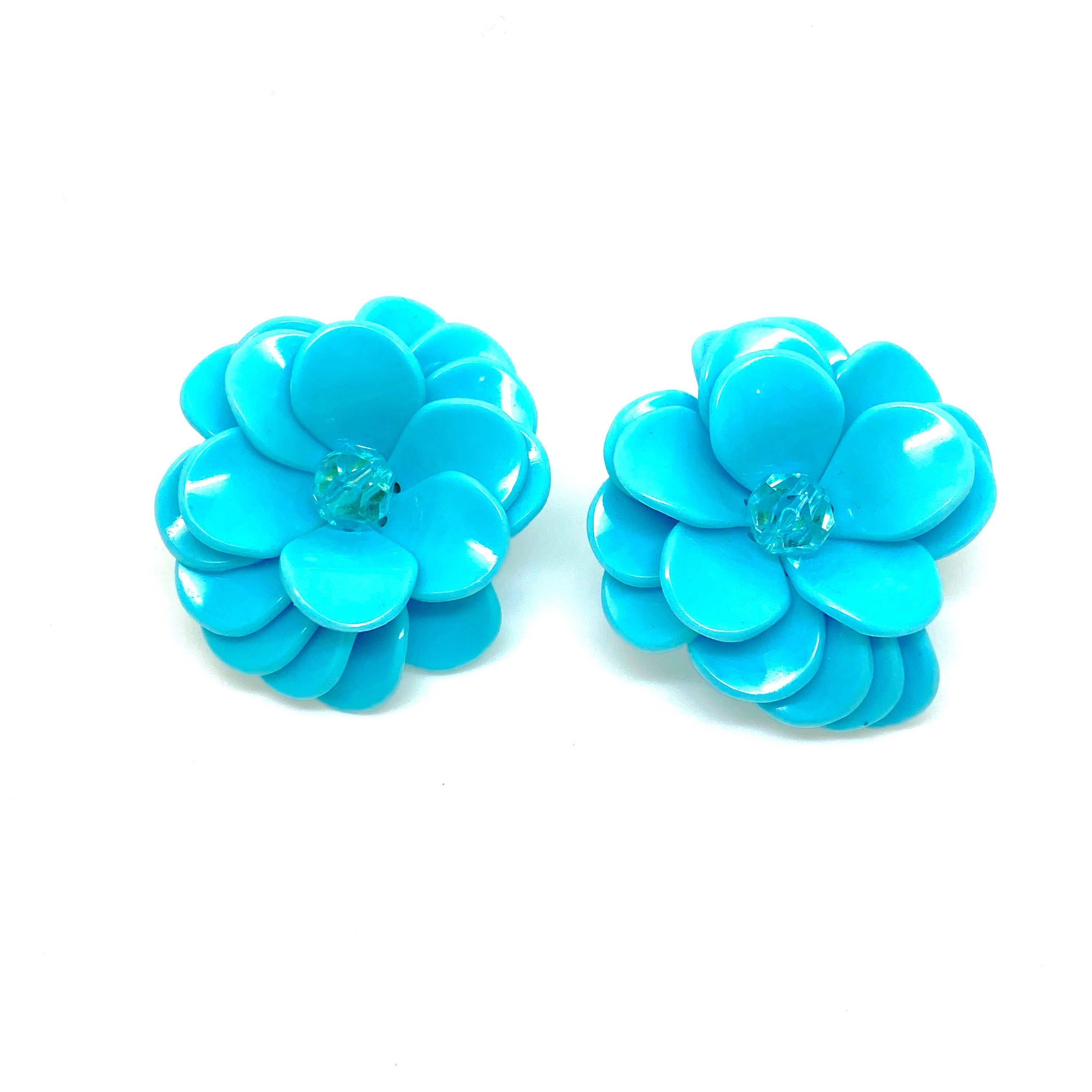 Boucles D'oreille à Clips Vintage En Plastique Bleu - Années 60-70 - Occasion