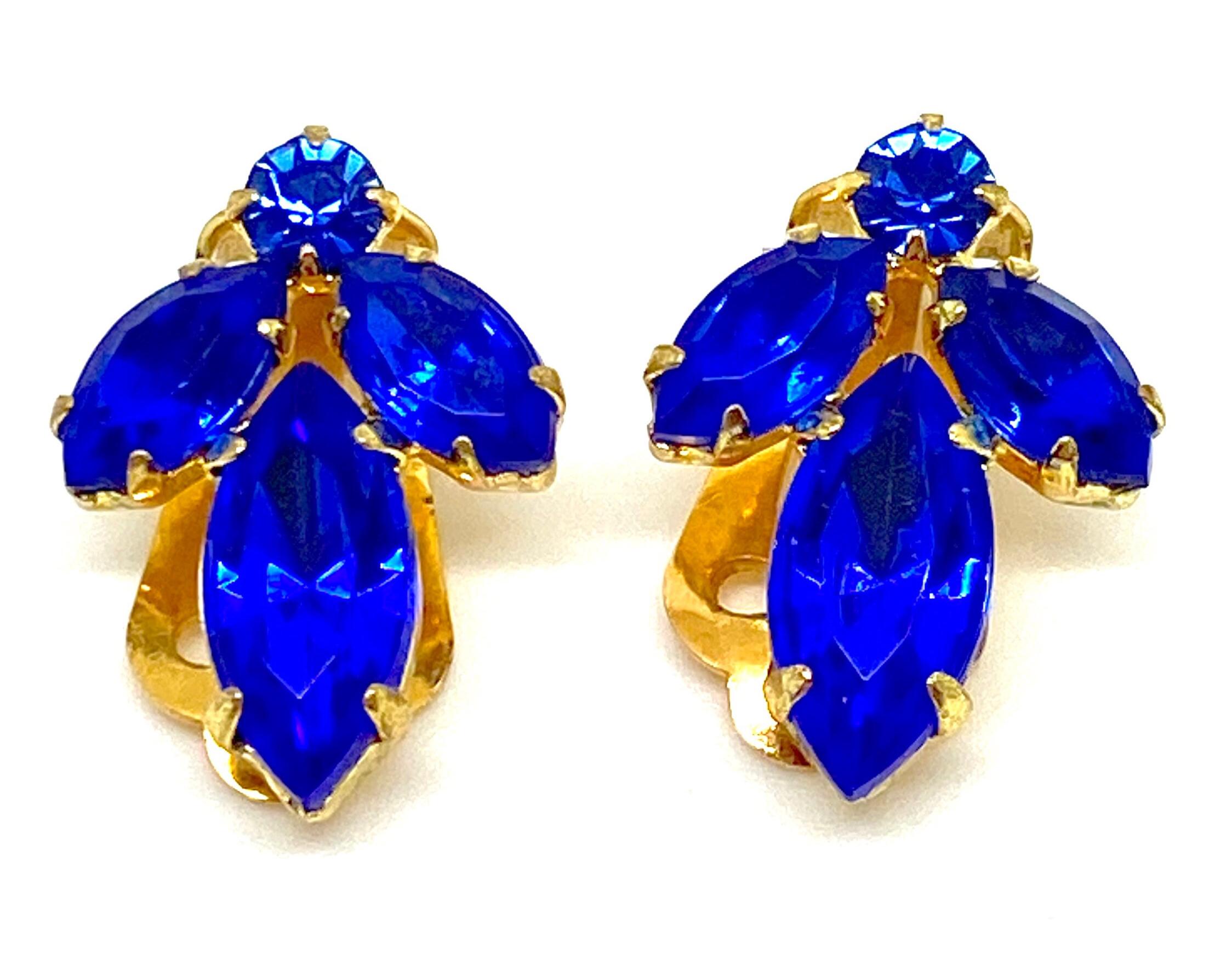 Boucles D'oreilles Vintage Art Déco - Plaqué Or, Clips Bleus, DAG