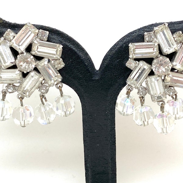 Fantastic WEISS White Crystal Drop Dangle Clip Earrings. Signed
