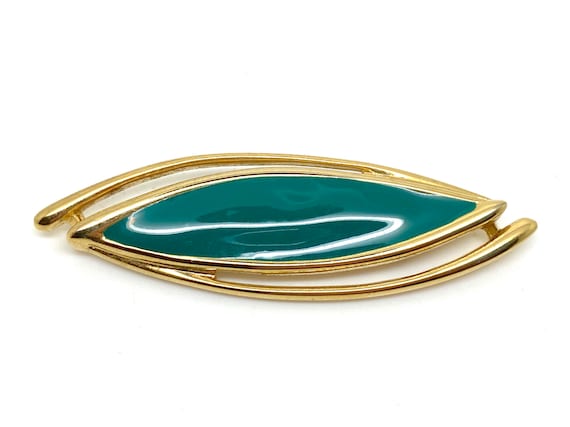 Vintage Green Enamel Monet Signed Goldtone Brooch… - image 2