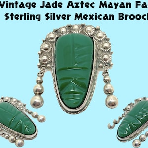 Vintage Jade Aztec Mayan Face Sterling Silver Mexican Brooch