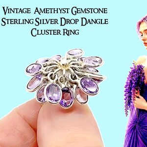 Vintage Amethyst-Edelstein-Ring aus Sterlingsilber mit tropfenförmigem Anhänger