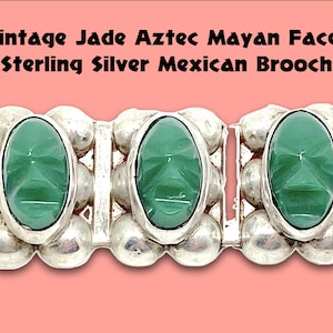 Vintage Jade Aztec Mayan Faces Sterling Silver Mexican Brooch