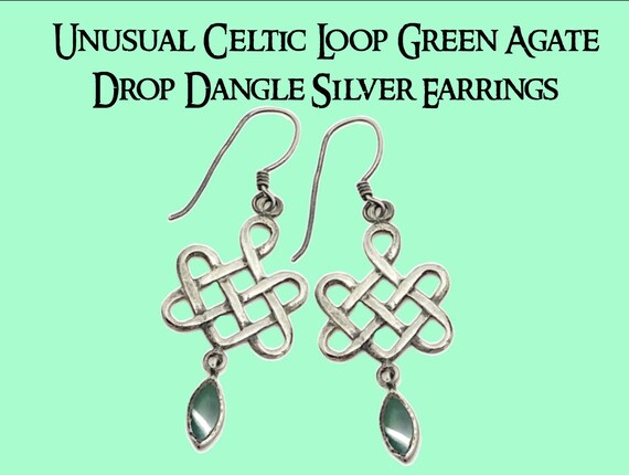 Unusual Celtic Loop Green Agate Drop Dangle Silve… - image 1