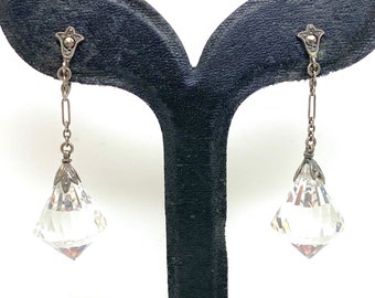 1950s Marcasite and Austrian Crystal Briole Cut 925 Silver Screwback Earrings
