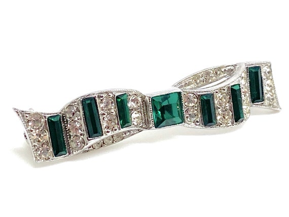 Lovely Art Deco Green and White Crystal BOW Brooch - image 5