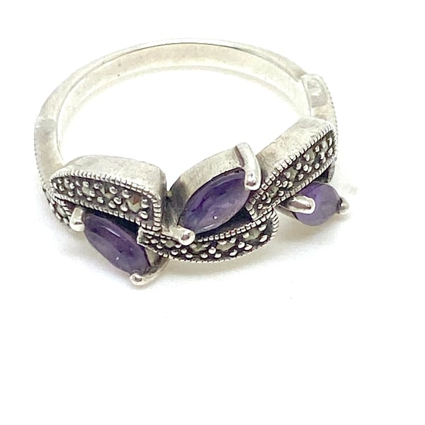 Gorgeous Amethyst Marcasite wrap Around Snake Style 925 Sterling Silver Ring