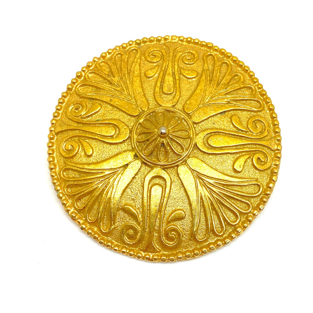 Grande Broche Bouclier Vintage En Bronze Doré Gravé - Bijou Ancien - Parfait état