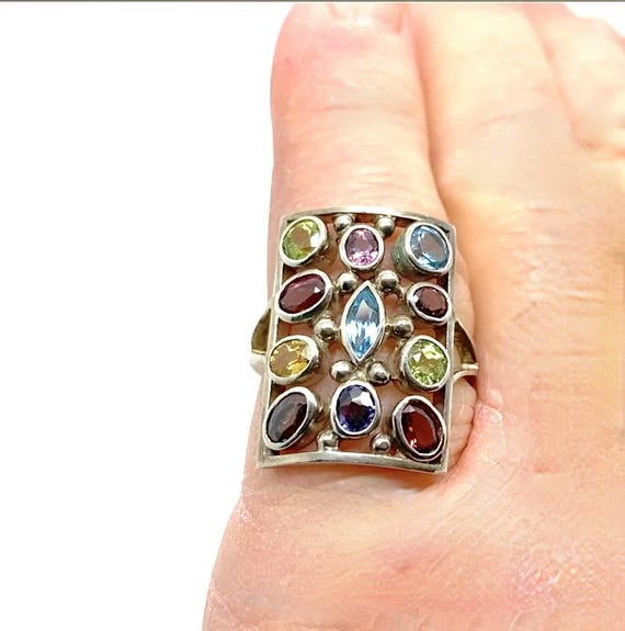 Large Multi Gemstone 925 Silver Rectangular Ring … - image 4