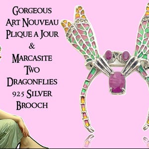 Vintage Art Nouveau Plique a Jour Marcasita Dos Libélulas Broche de Plata 925