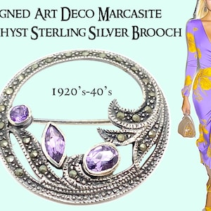 Art Deco Vintage Marcasite Amethyst Sterling Silver Brooch