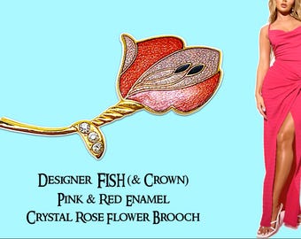 Spilla vintage a forma di fiore di rosa in smalto rosso rosa e cristallo con marchio Fish