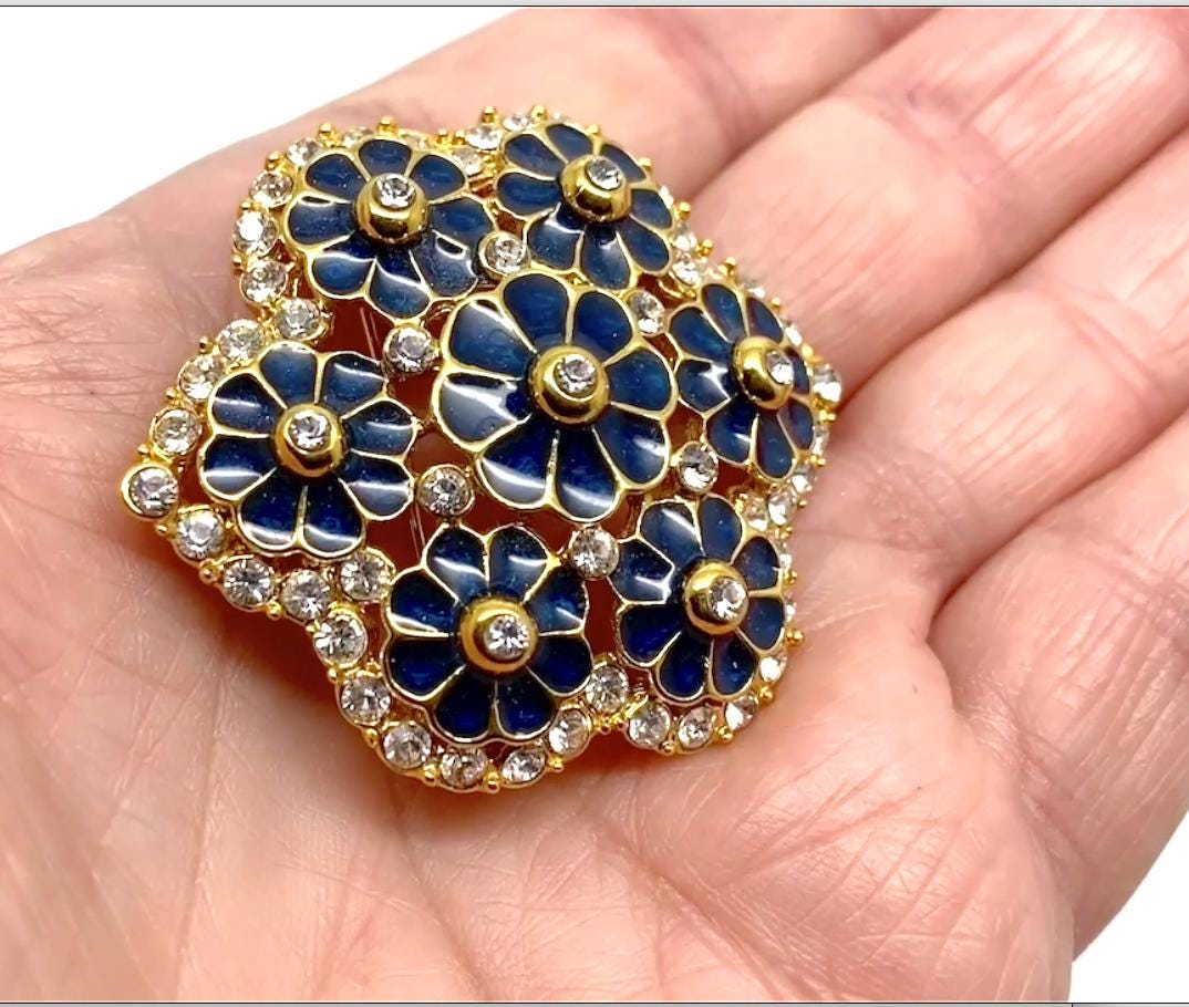 Jacqueline Bouvoir Kennedy JBK Rich Blue Enamel & Crystal Floral