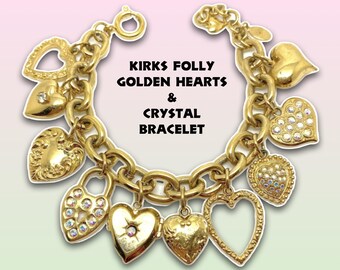 1980s Kirks Folly Golden Hearts Crystal Bracelet -Signed Tag