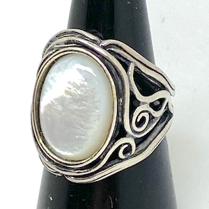 Mother of Pearl Ring: Handcrafted Israeli Art, 925 Sterling Silver, Size N