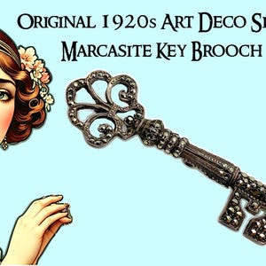 Antique Original 1920s ART DECO Marcasite & Sterling Silver KEY Brooch