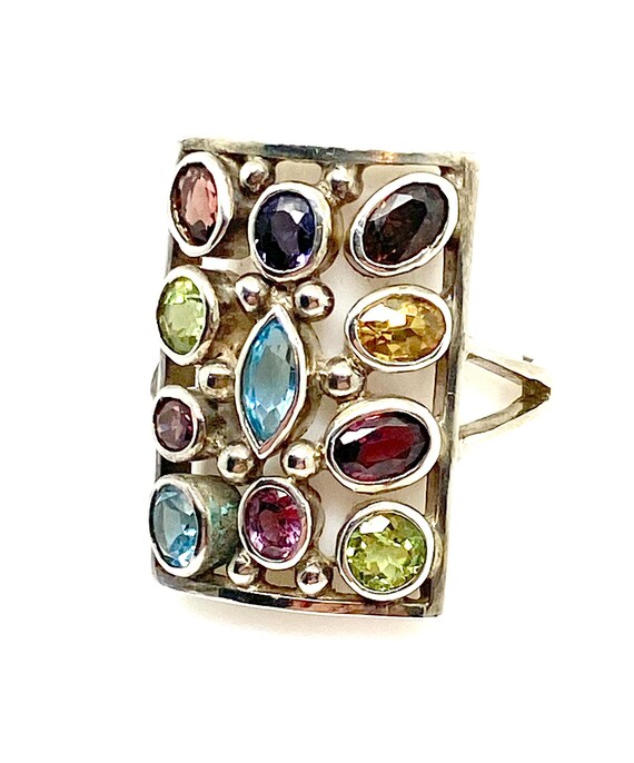 Large Multi Gemstone 925 Silver Rectangular Ring … - image 3