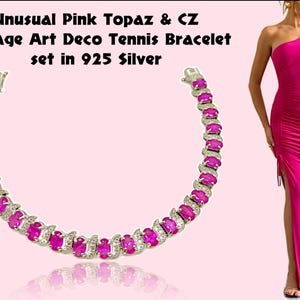 Unusual Pink Topaz & CZ Vintage Art Deco Style Tennis Bracelet set in 925 Silver