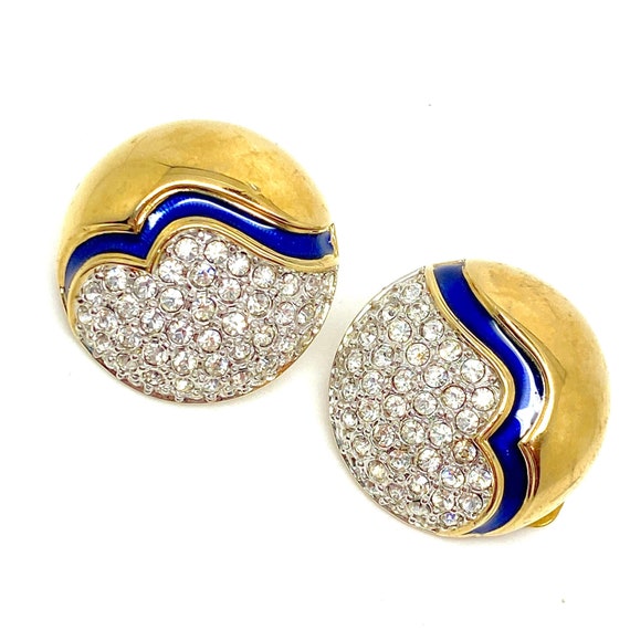 High End Crystal and Enamel Clip Earrings Signed … - image 1