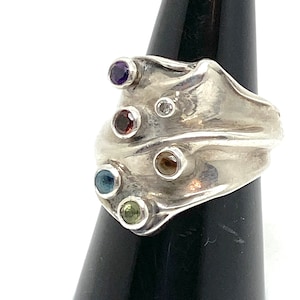 Abstract MultiGem Amethyst Peridot Aquamarine Citrine etc Handmade 925 Silver Ring Size O