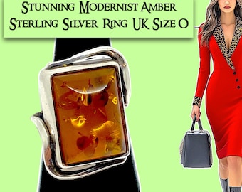 Vintage Rectangular Modernist Amber 925 Sterling Silver Ring