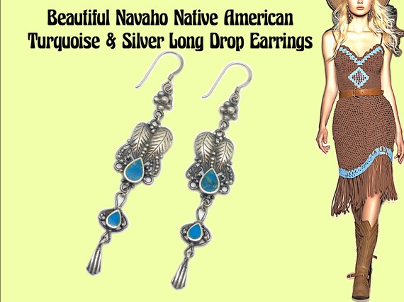 ファンシーなネイティブアメリカンターコイズロングドロップダングル