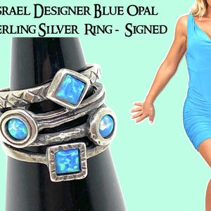 Blue Opal Sterling Silver Ring - Signed Israeli Designer Ring, Size N