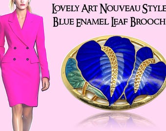 Broche feuille Art nouveau en émail bleu
