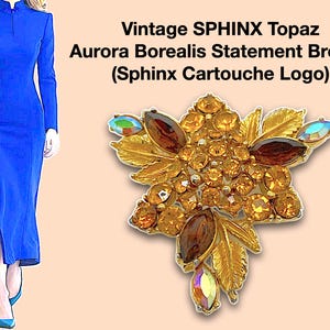 Vintage SPHINX Topaz and Aurora Borealis Statement Brooch - Sphinx Cartouche Logo