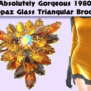 Vintage 1980s Topaz Glass Brooch: Crystal Rhinestone Triangular Pin