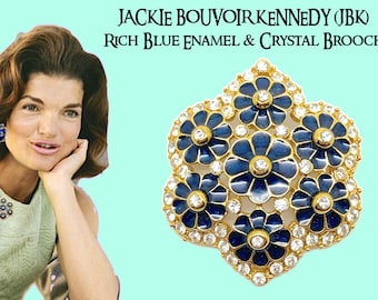 Jacqueline Bouvoir Kennedy JBK Rich Blue Enamel & Crystal Floral Brooch