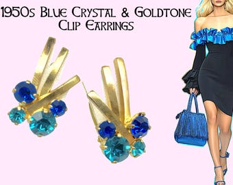50er Jahre Zweifarbige Blaue Kristall Strass & Gold Ohrclips