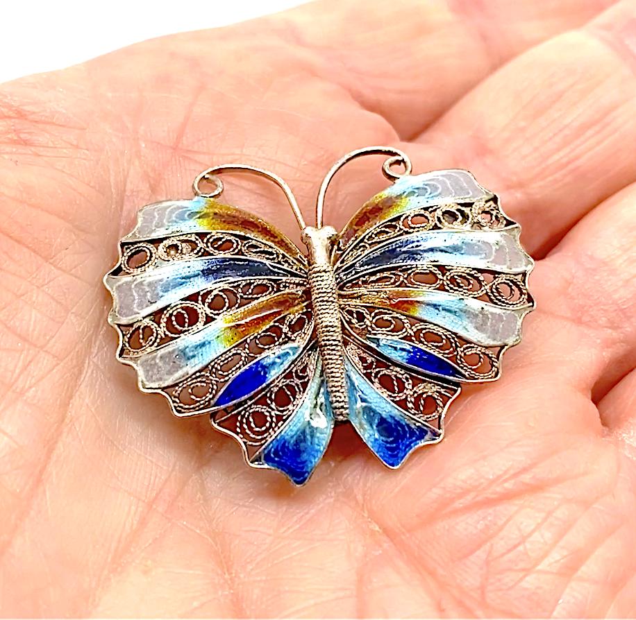 ファンシーブルーエナメル925シルバーフィリグリーバタフライブローチ