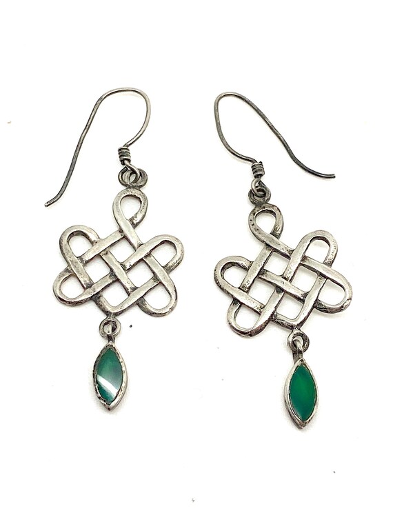Unusual Celtic Loop Green Agate Drop Dangle Silve… - image 5