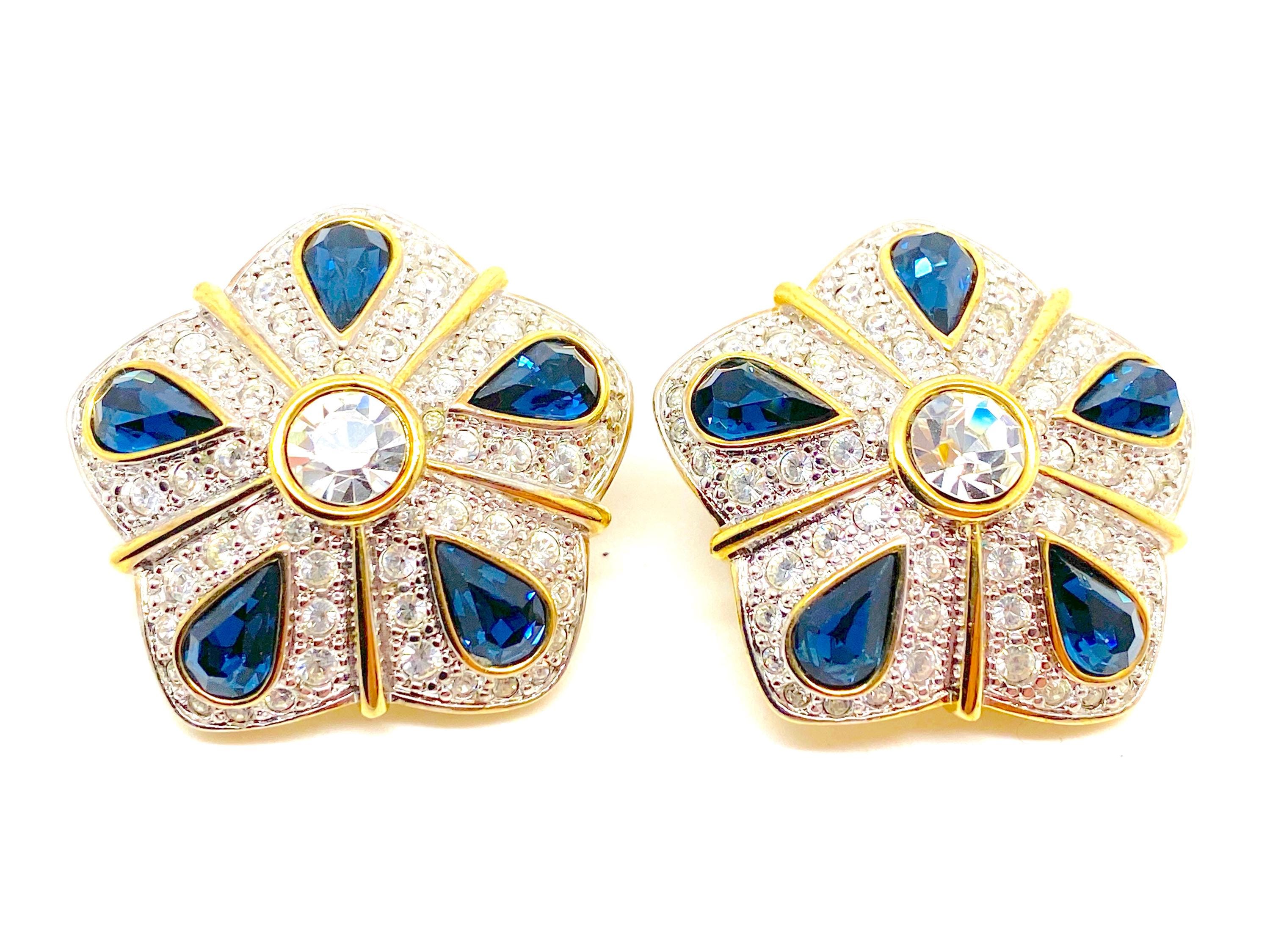 Boucles D'oreilles Vintage Pendantes - Strass Blancs Et Bleus - Laiton - Fermoir Clou