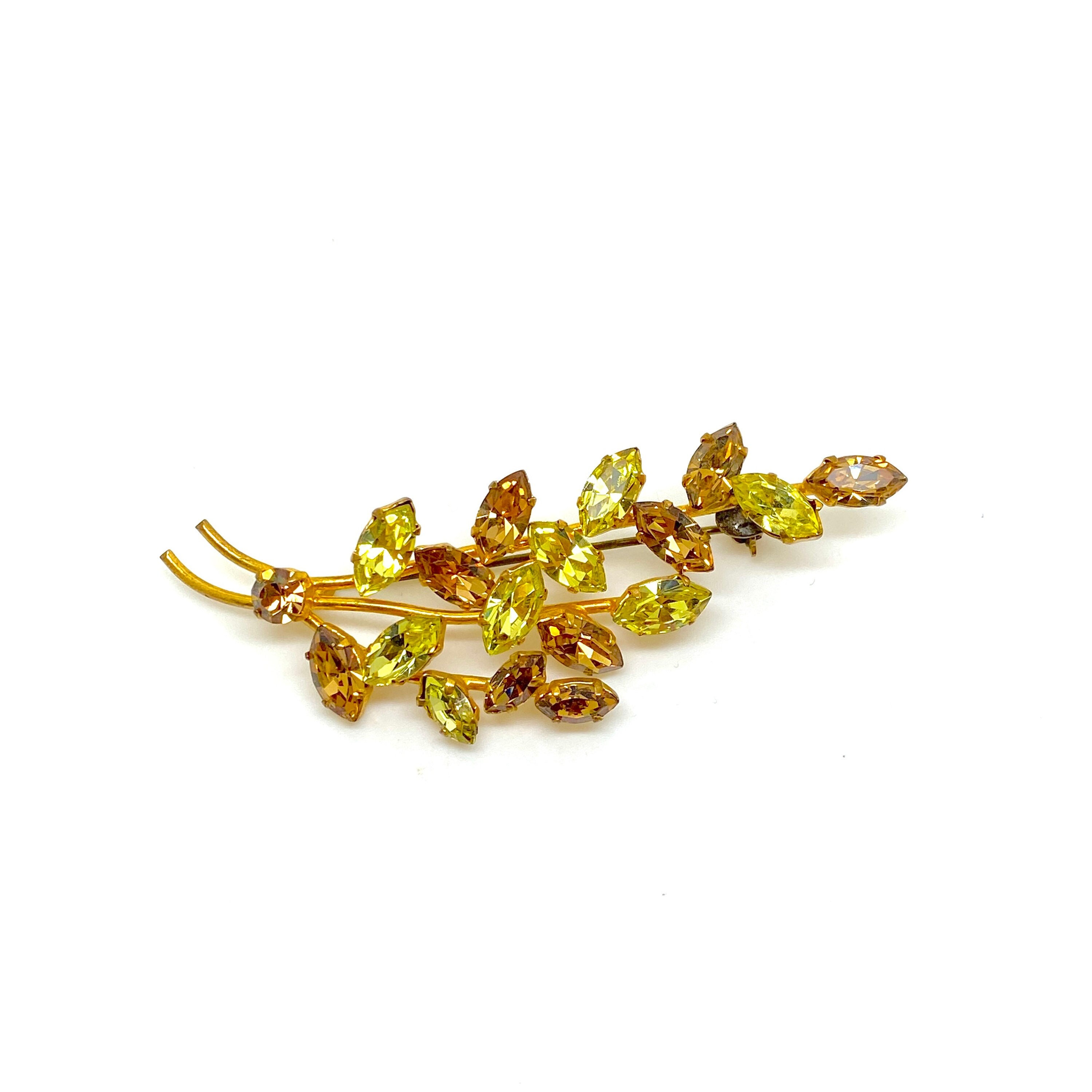 1950's Sparkling Green and Brown Crystal Rhinestone Flower