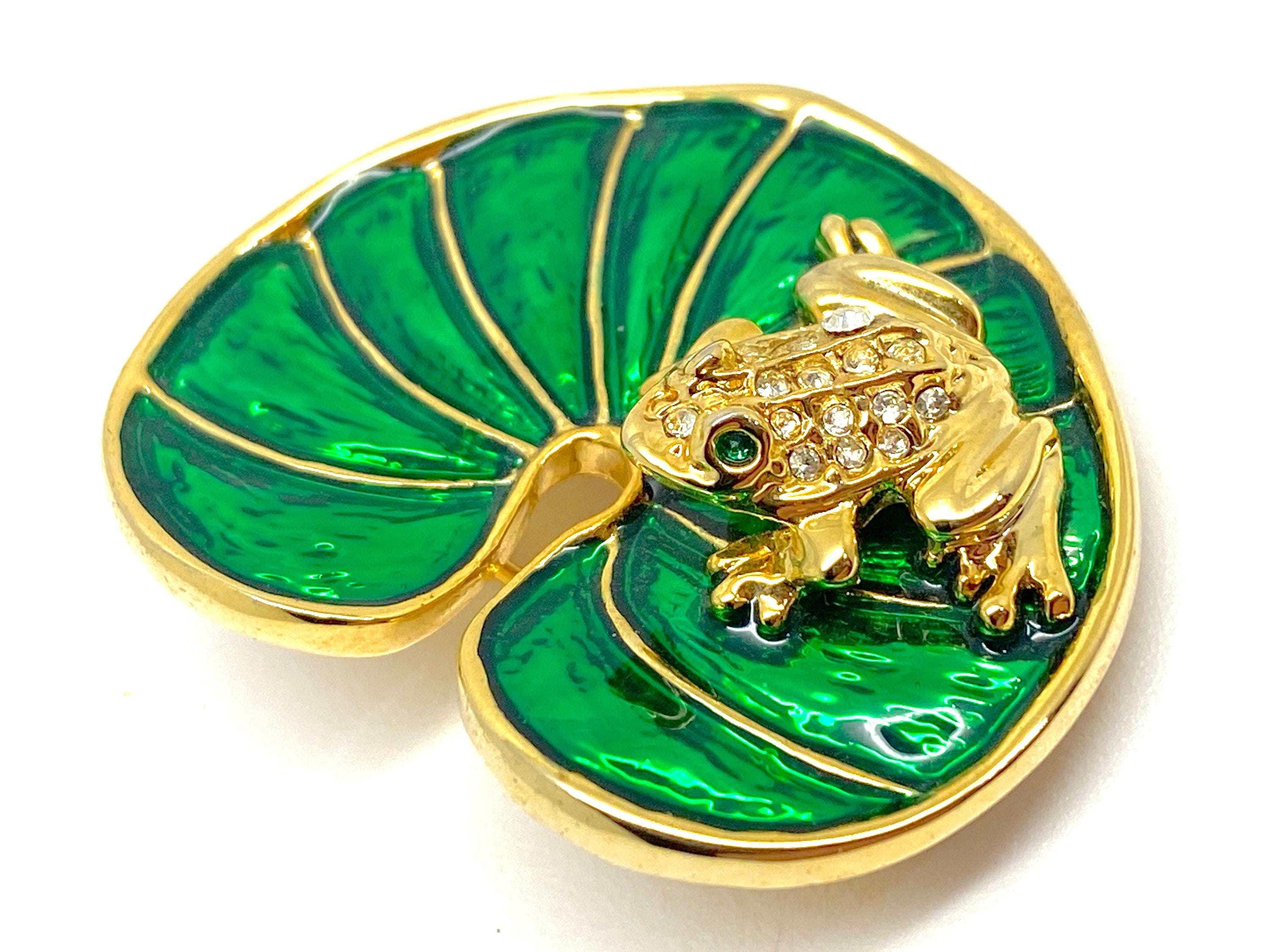 1990s CABOUCHON Designed Crystal Rhinestone Frog on a Rich Green