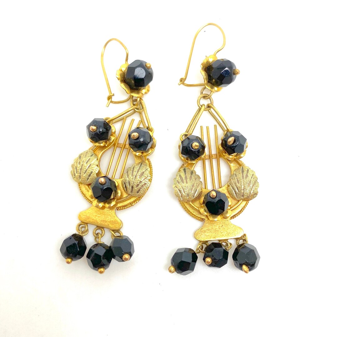 80’s Gold Tone Black Dangle Necklace and Earrings Set main image 0