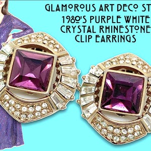 Glamorous Art Deco Style 1980&#39;s Purple and White Crystal Rhinestone Clip Earrings