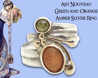Anel de prata vintage Art Nouveau verde e laranja âmbar