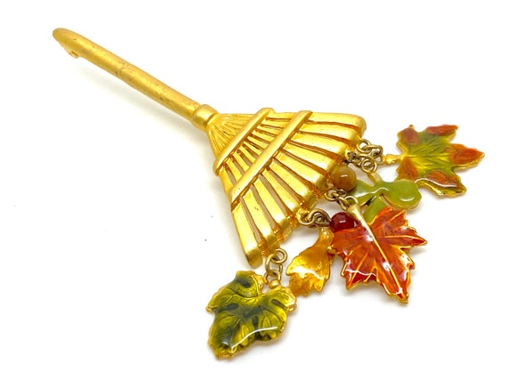 Brushed Gold and Enamel Autumn Leaves Broom  / Ra… - image 3