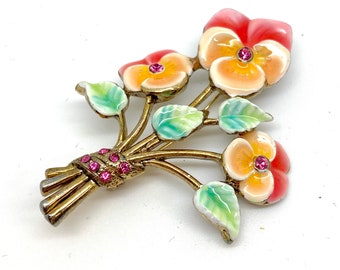 Lovely Pink Enamel and Crystal Rhinestone Monet Signed Flower Brooch