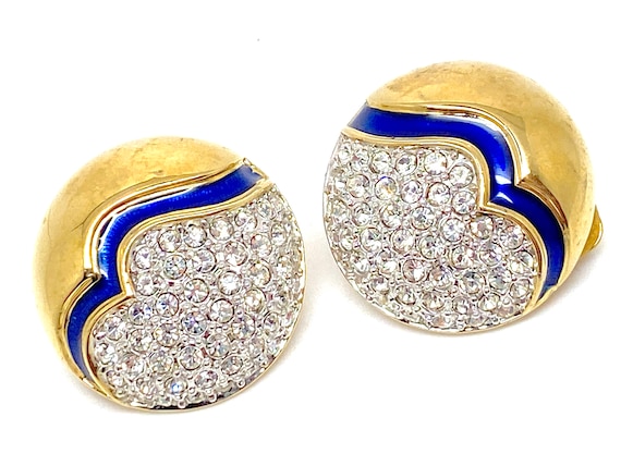 High End Crystal and Enamel Clip Earrings Signed … - image 4